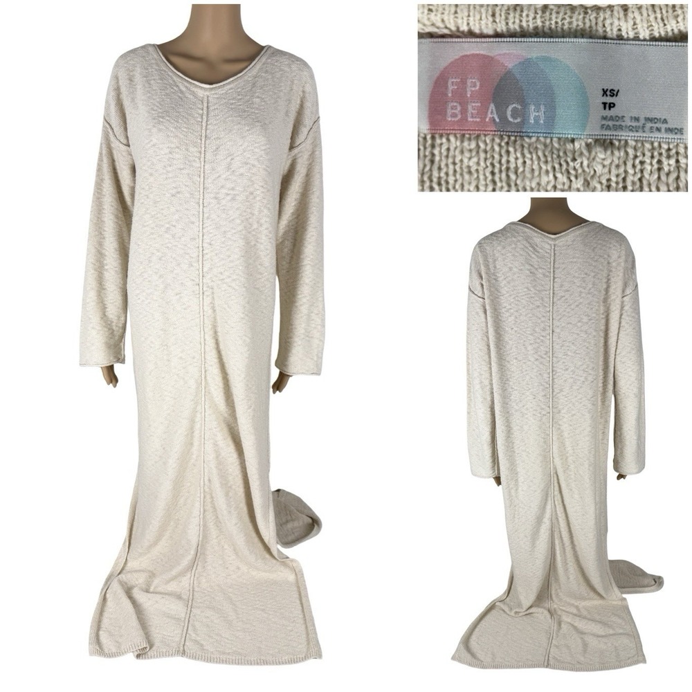 FP Beach XS Dress Cream Long Sleeve Knit Maxi Relaxed Oversized Free People EUC